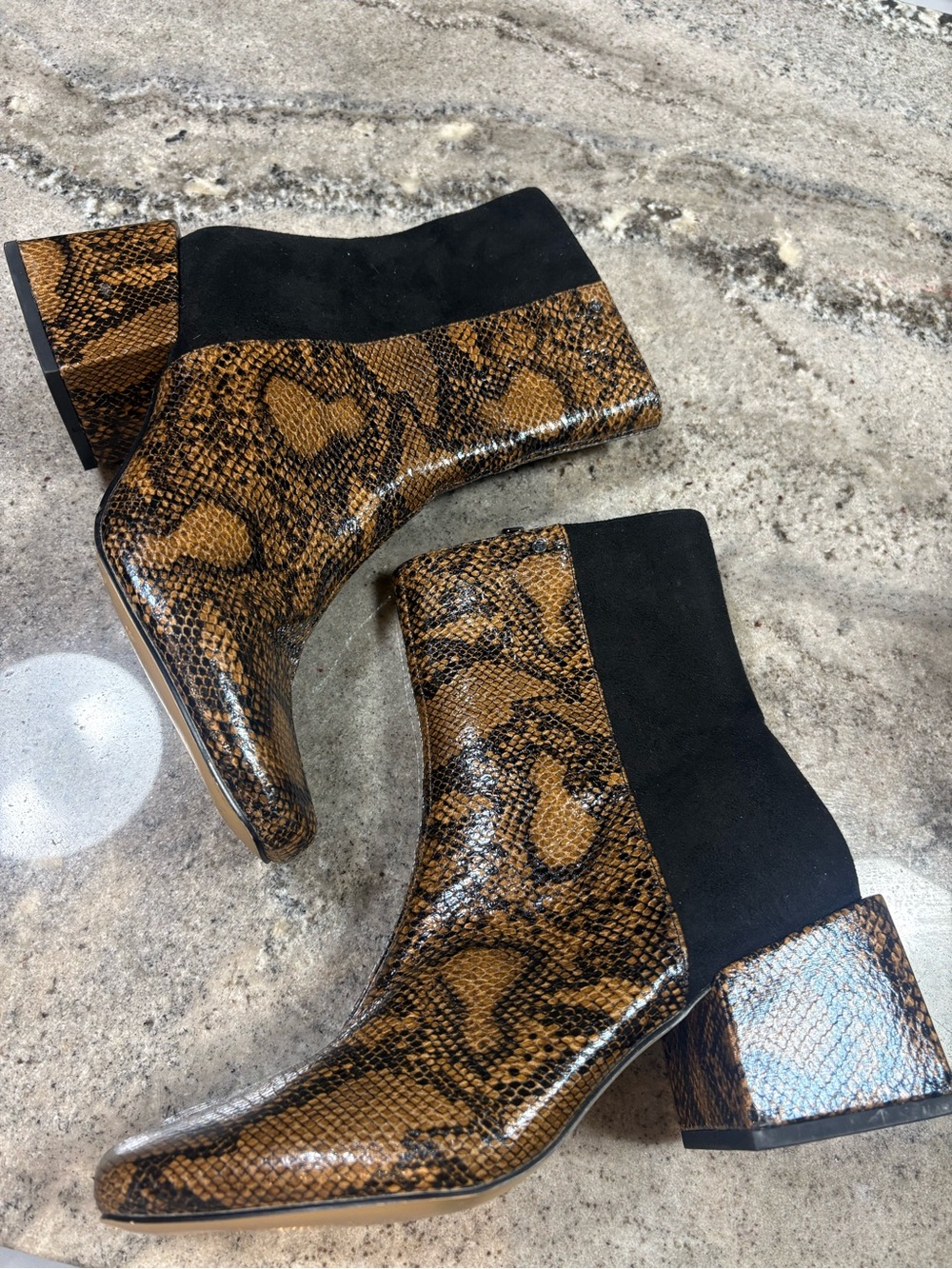 French Connection Brown Snake-Print Ankle Boots with Black Stretch Panel